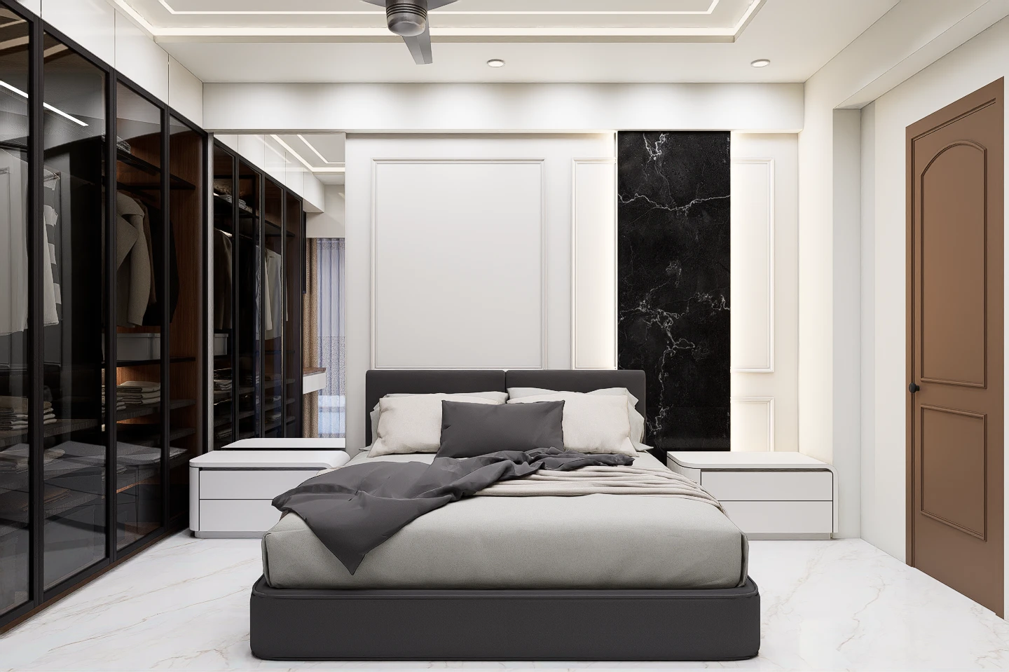 Bedroom with a black veined stone feature panel and a glass wardrobe