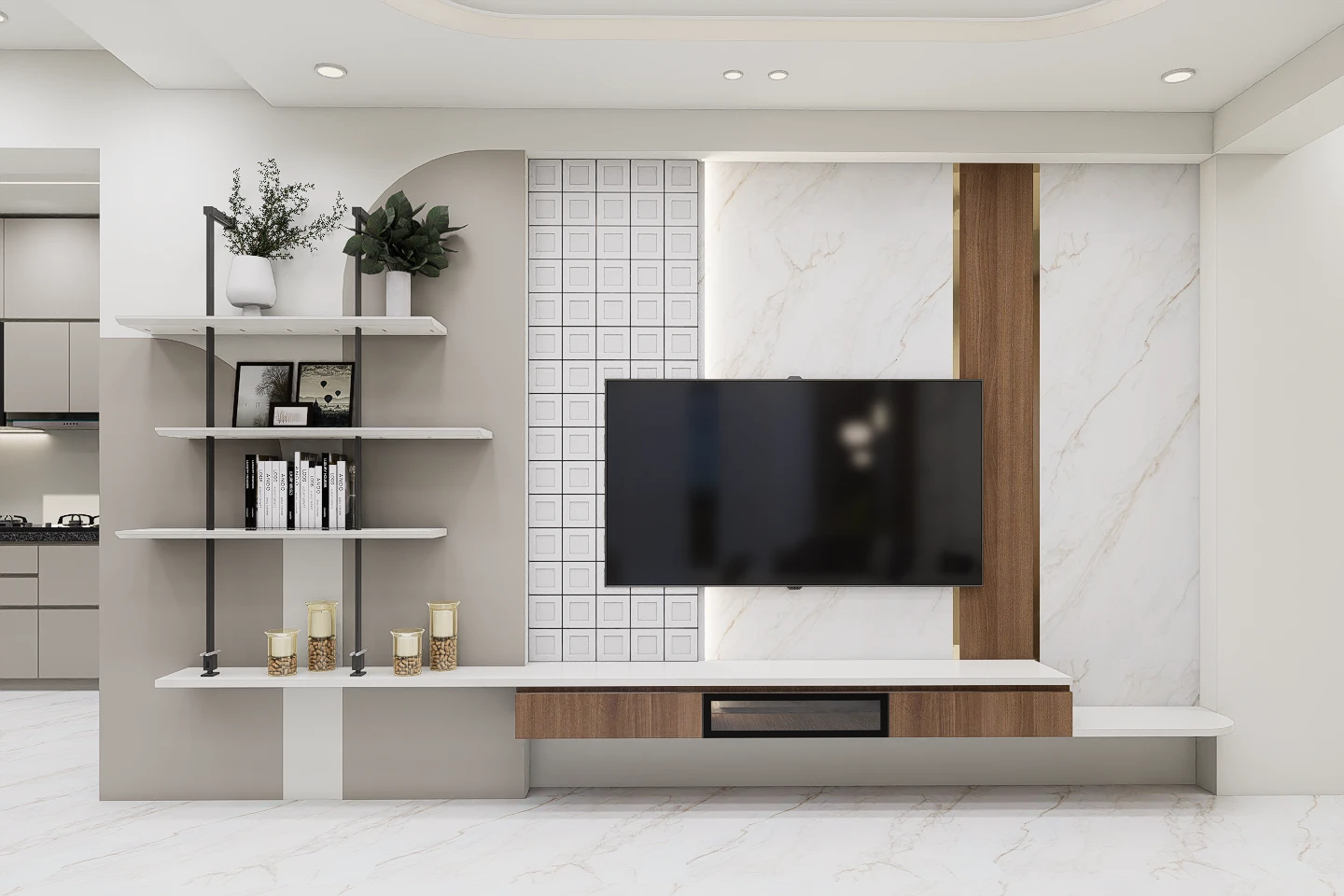 Aranya Residence television wall with marble backdrop, timber accent and open shelving