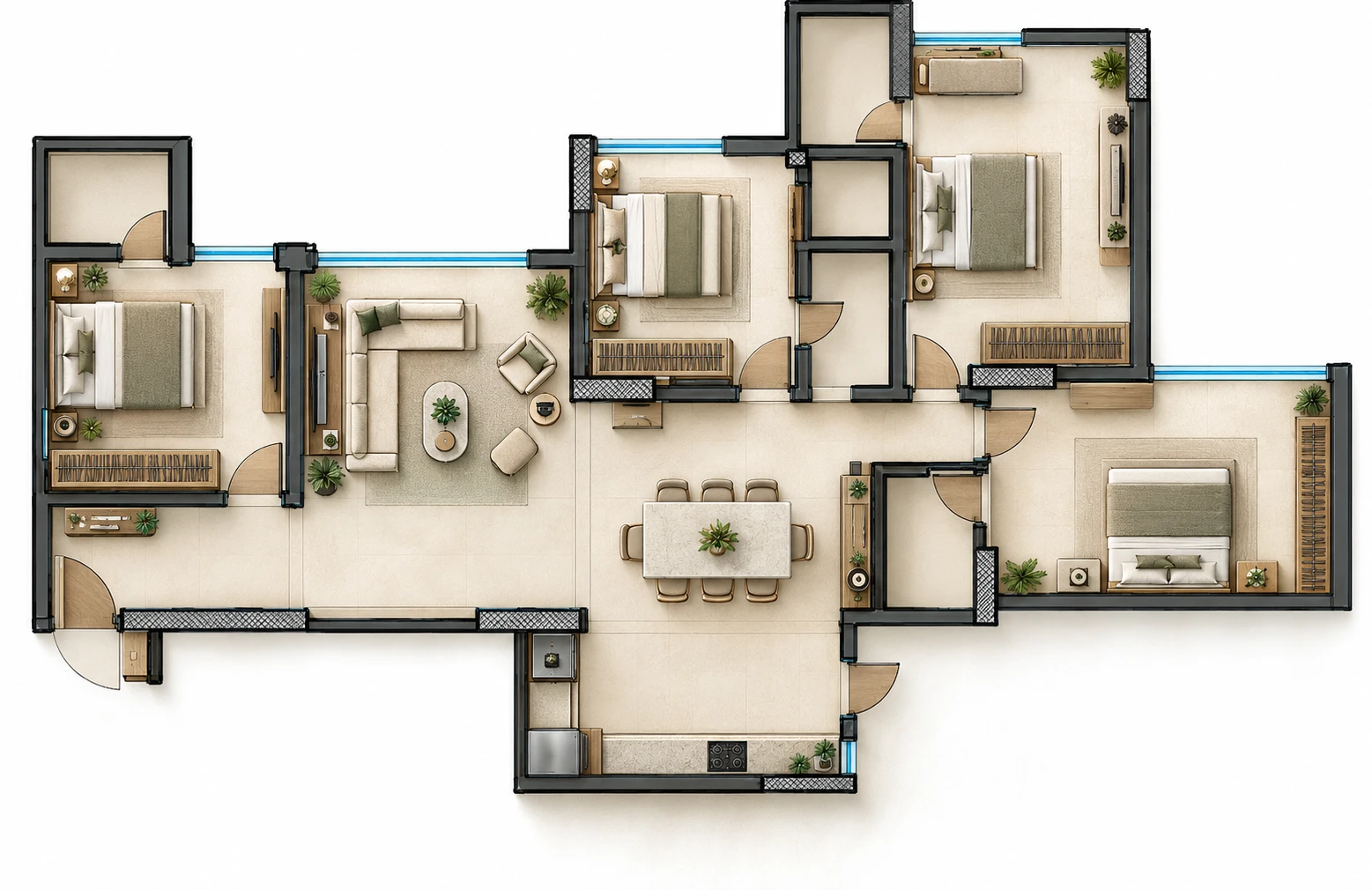 Floor plan of Aranya Residence: three bedrooms around a central living and dining space