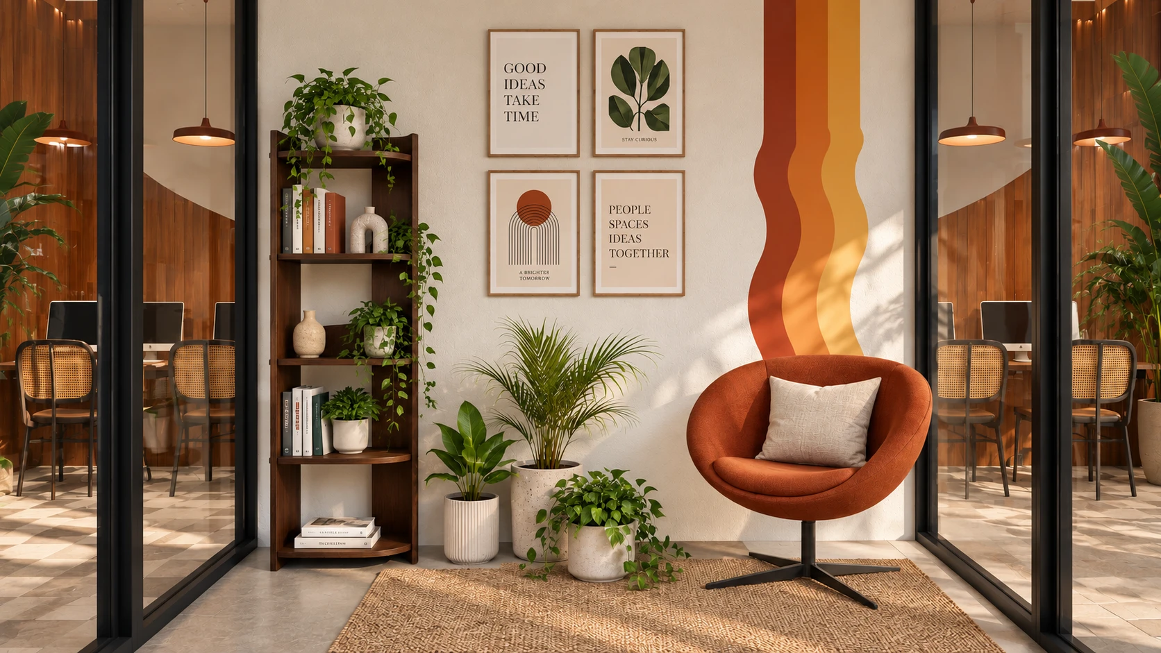 A reading nook with a terracotta swivel chair, plants and a painted colour band