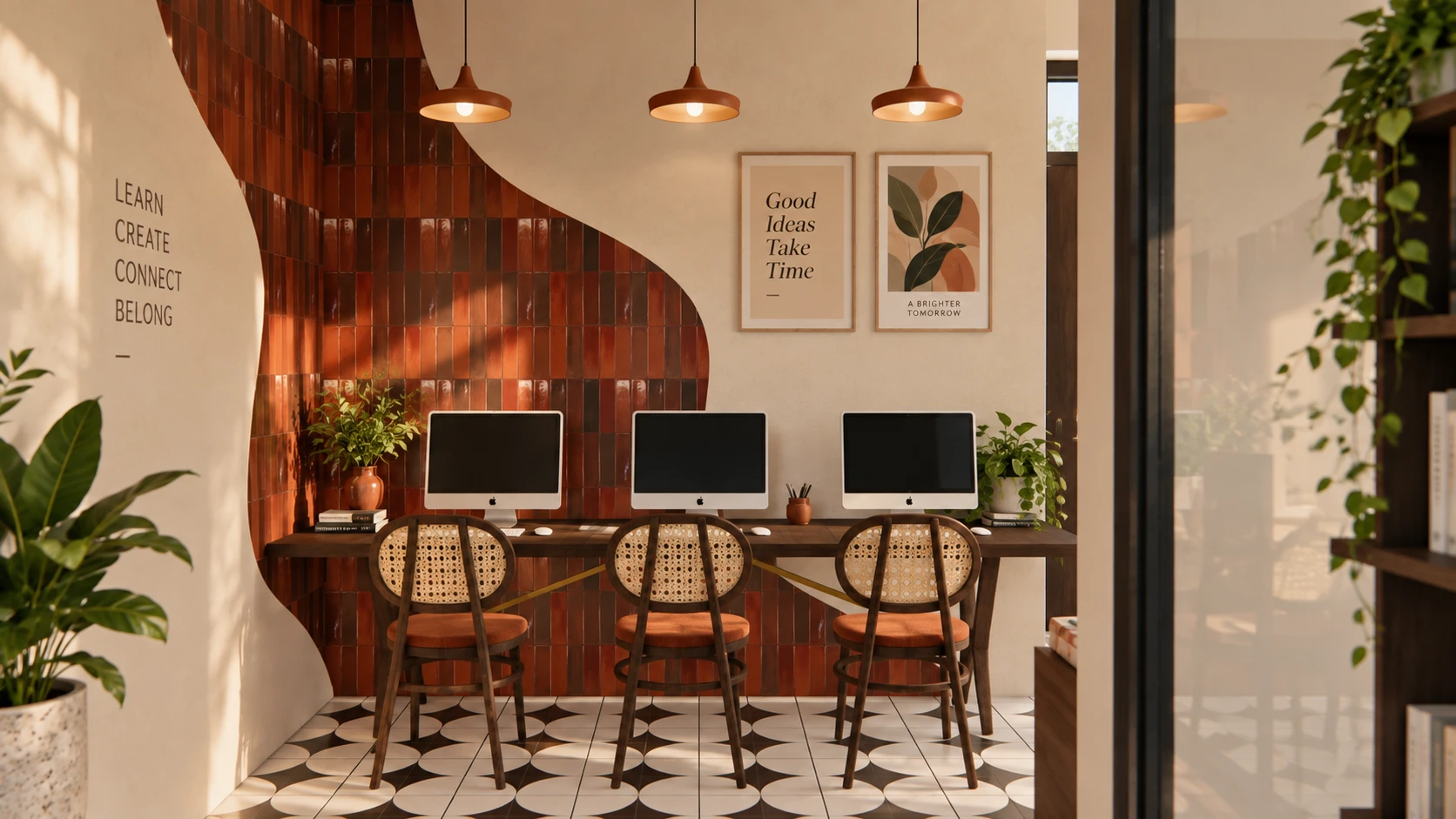 Computer corner with three workstations under terracotta pendants