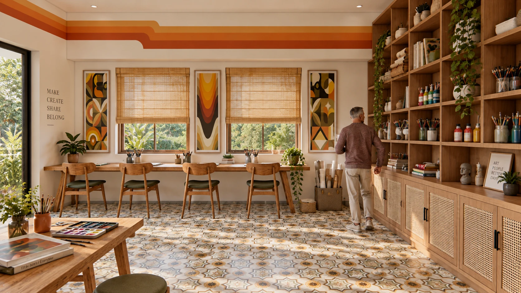 Art studio with long timber tables, shelving and a patterned tile floor