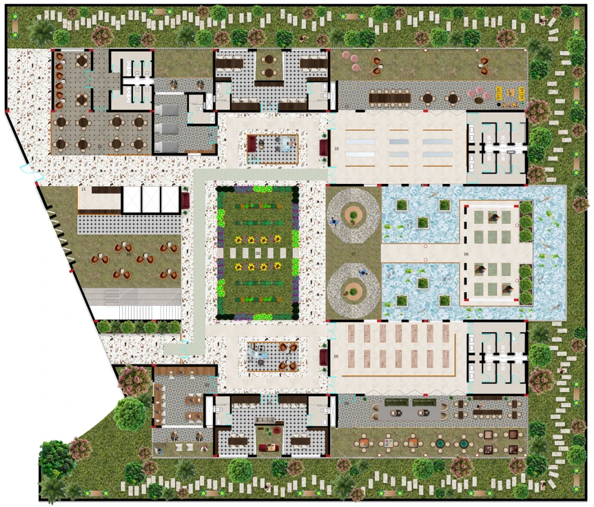 Layout of the Club for Active Senior Citizens: garden courtyards, a water garden, a kitchen garden, social spaces and activity rooms