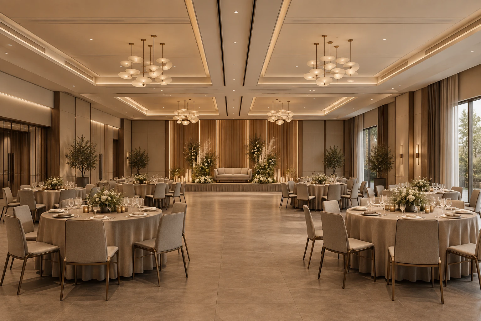Namaste Vietnam banquet hall laid for an event with round tables and floral arrangements