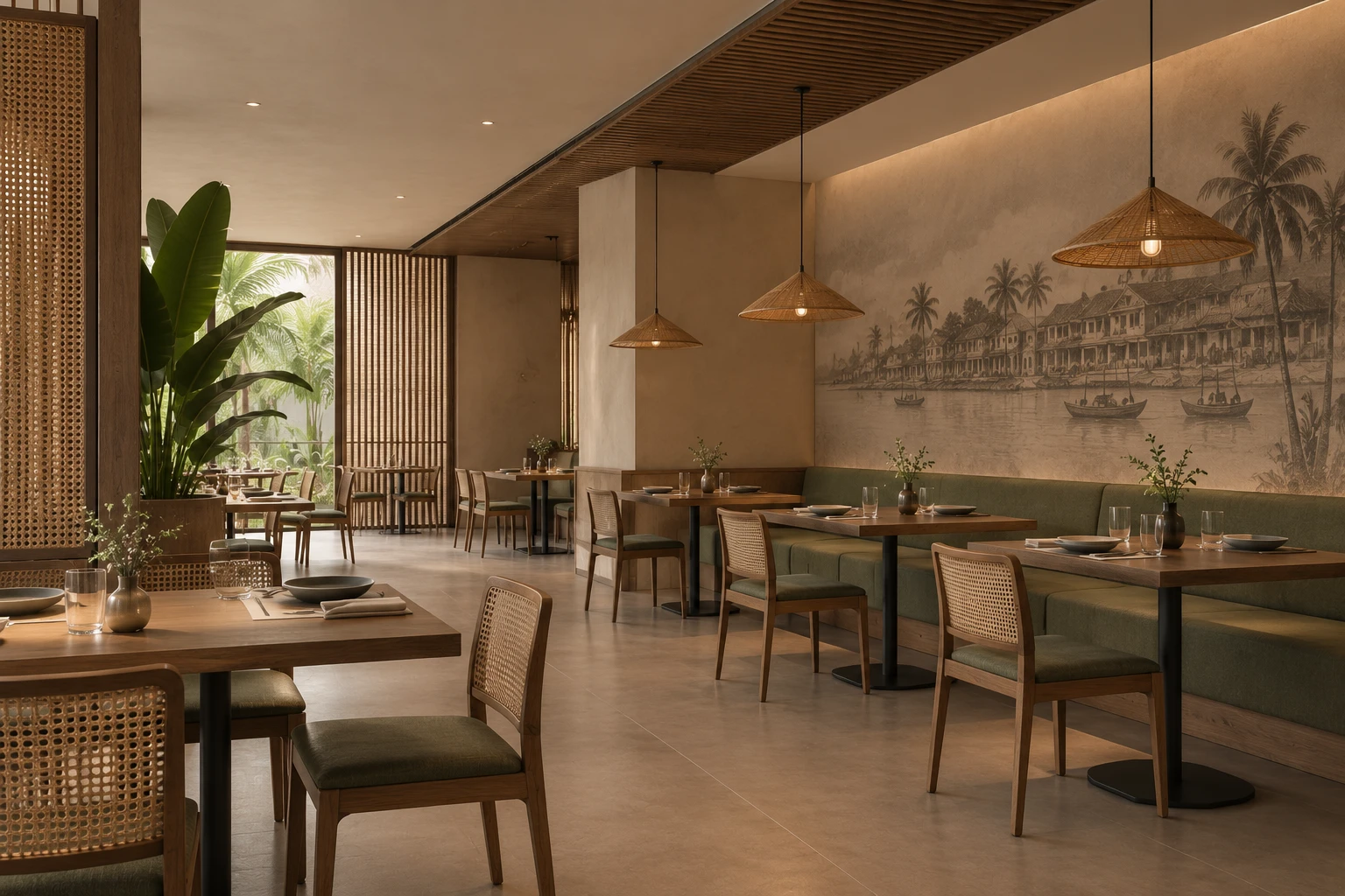 Namaste Vietnam dining room with a mural wall, woven pendants and olive banquettes