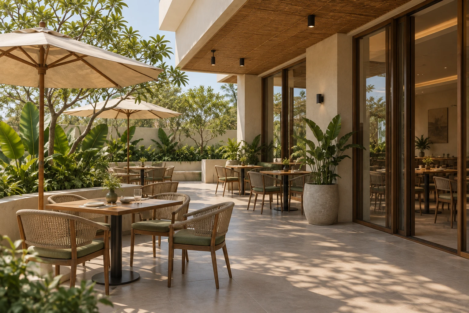 Namaste Vietnam garden terrace with rattan chairs and parasols