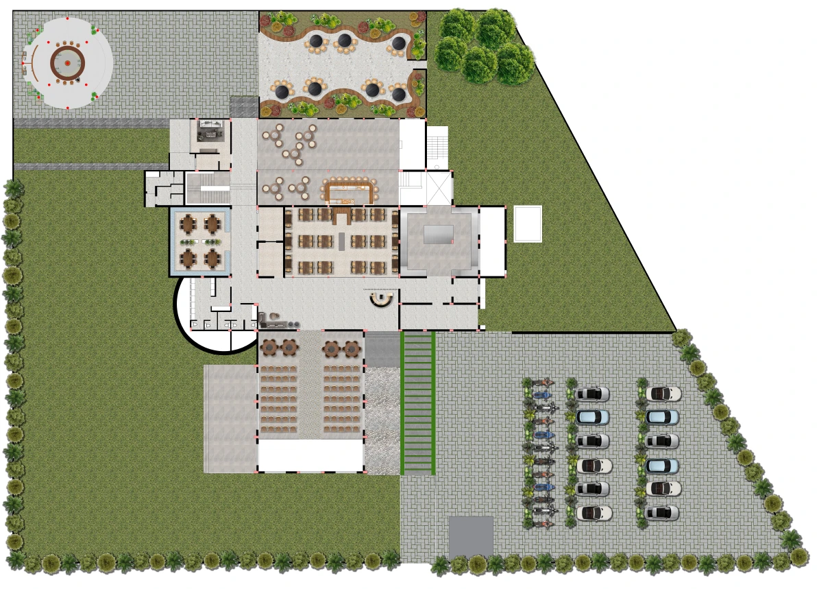 Site plan of Namaste Vietnam: the restaurant, banquet hall, garden terrace and parking