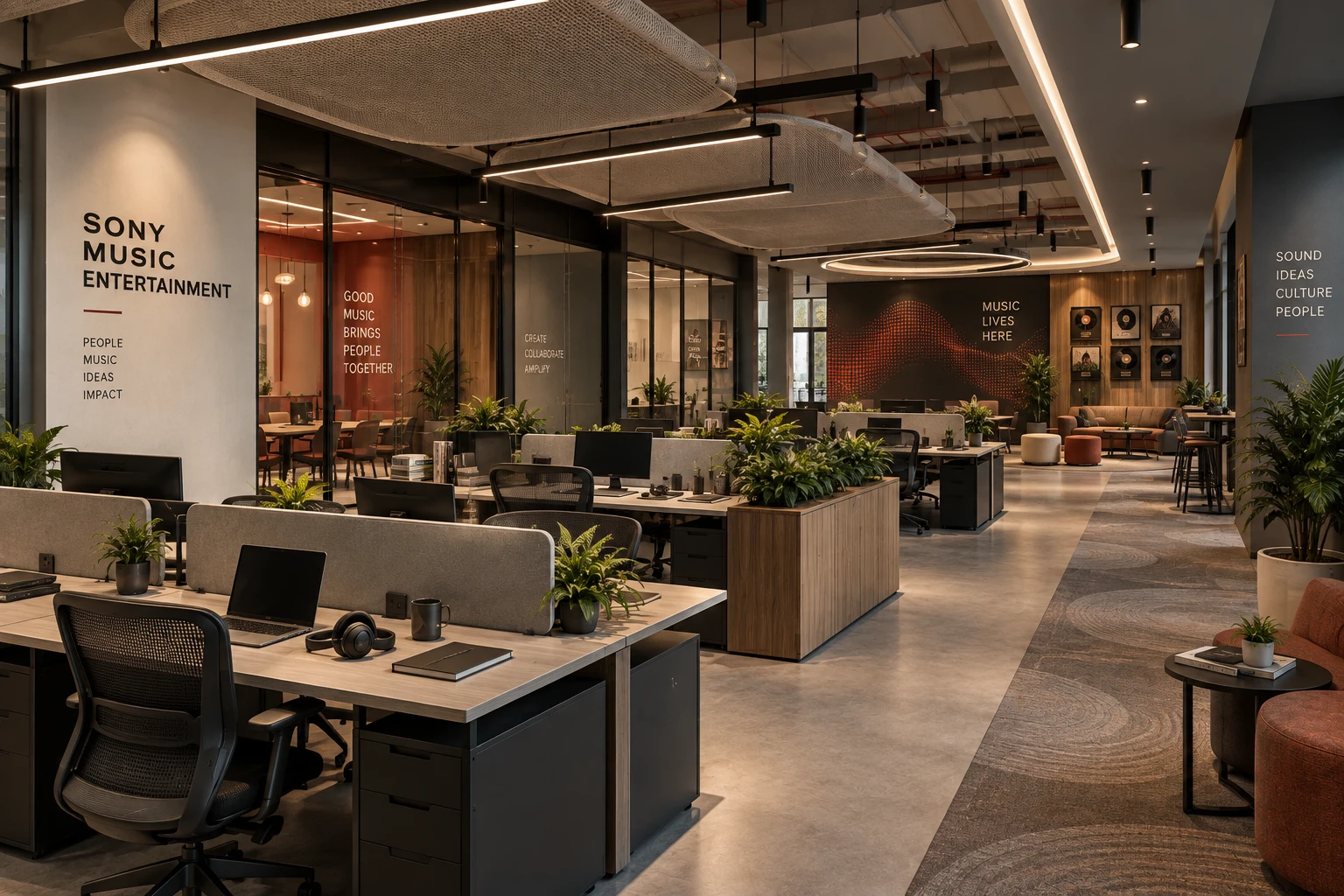 Open-plan workstations with acoustic ceiling elements and planters
