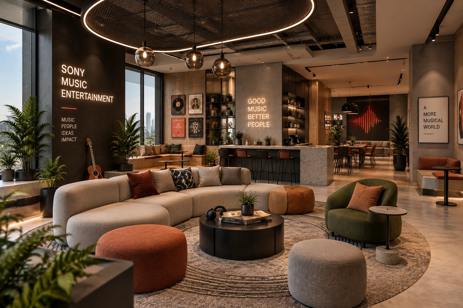 Lounge with a curved sofa, rust and olive seating and a cafe counter