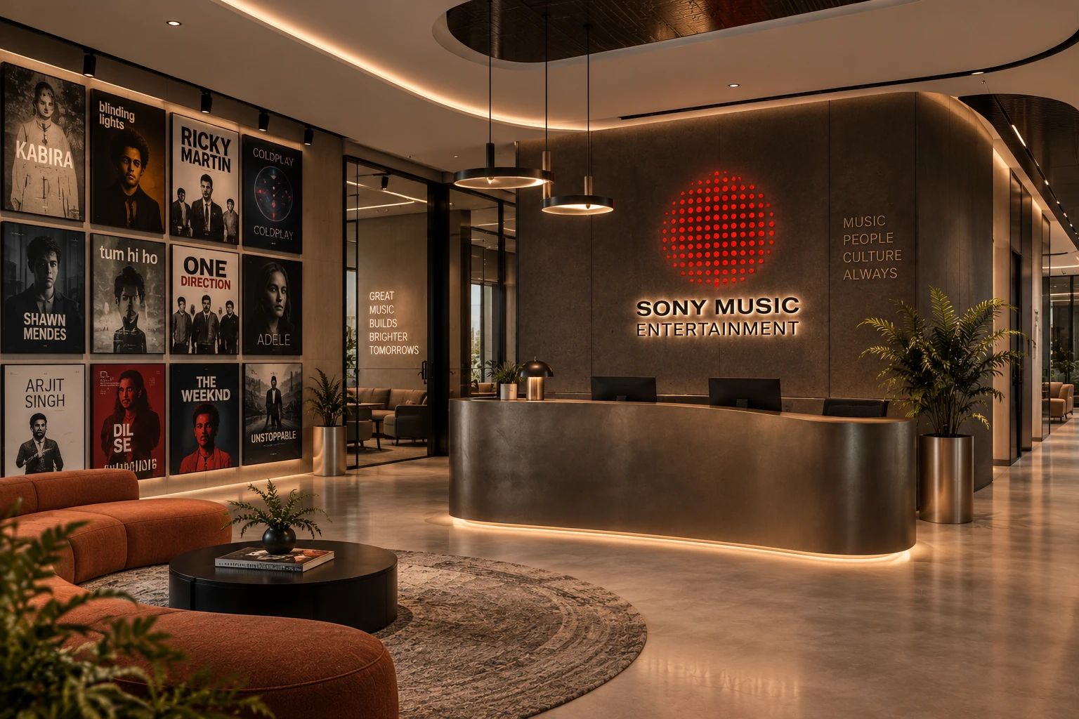 Sony Music Entertainment reception with a curved desk, backlit logo wall and poster gallery