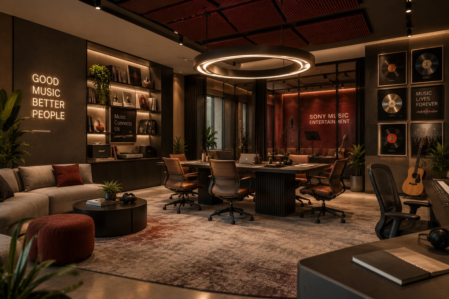 Meeting area with a ring pendant, long table and a glass-walled studio beyond
