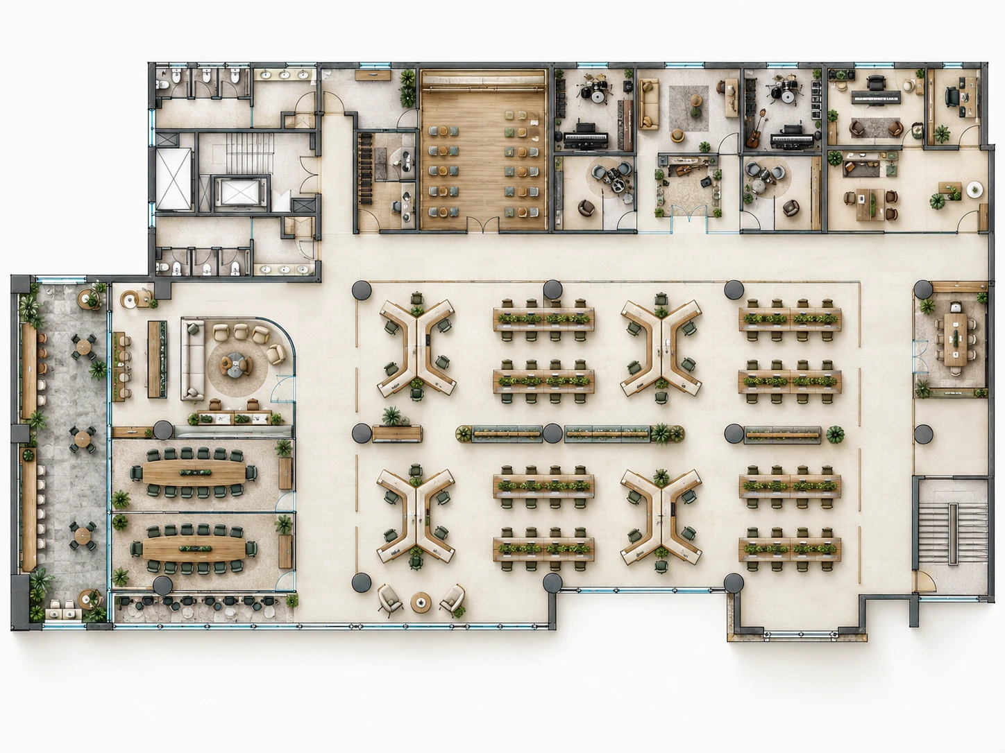Floor plan of the Sony Music Entertainment workplace: open workstations, meeting rooms, music rooms and a lounge